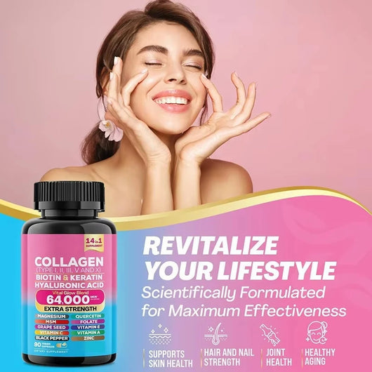 Collagen Biotin Keratin Hyaluronic Acid Quercetin Zinc Vitamin C Black Pepper 14 in 1 Collagen Capsules
