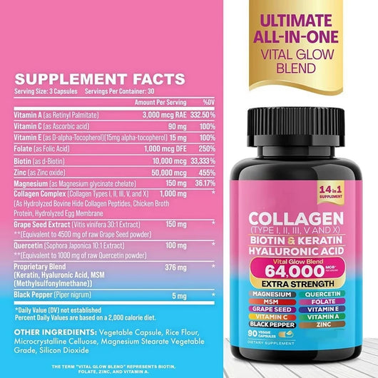 Collagen Biotin Keratin Hyaluronic Acid Quercetin Zinc Vitamin C Black Pepper 14 in 1 Collagen Capsules