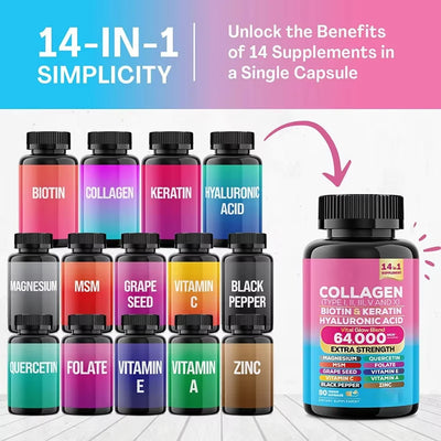 Collagen Biotin Keratin Hyaluronic Acid Quercetin Zinc Vitamin C Black Pepper 14 in 1 Collagen Capsules