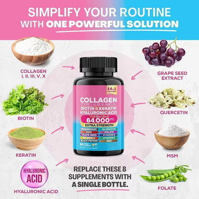 Collagen Biotin Keratin Hyaluronic Acid Quercetin Zinc Vitamin C Black Pepper 14 in 1 Collagen Capsules